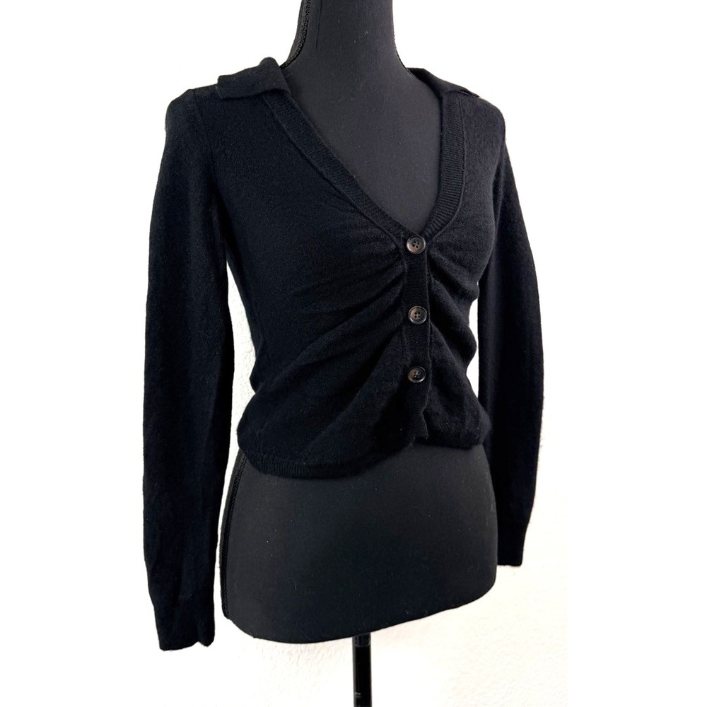 Pilcro 100% Cashmere Cardigan Sweater Women's S Black Collared Ruched Cropped